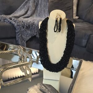 Chic Black Beaded Necklace and Earring Set